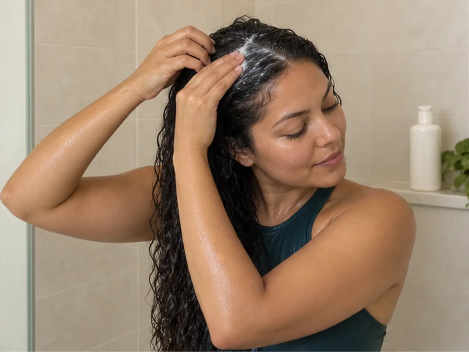 A woman uses the pads of her own fingers to work a low-lather cleansing conditioner over one wet scalp area.
