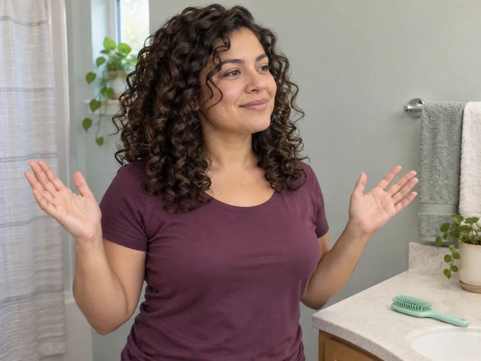 A woman holds both hands away from several defined wet curl groups while clipped hair remains ready for the next brush pass.
