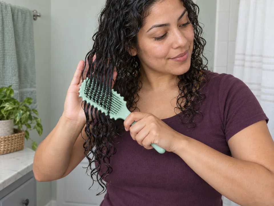 A woman uses both hands to guide a curl-styling brush through one wet side section from below the roots toward the ends.