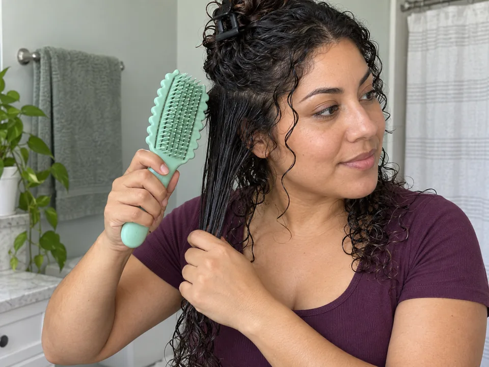 A woman with wet loose curls supports one detangled side section while holding a curl-styling brush nearby.