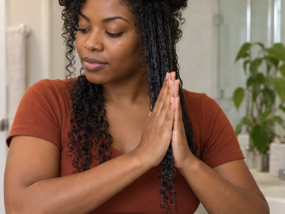 A woman holds one damp curly section between two flat palms and smooths toward the ends.