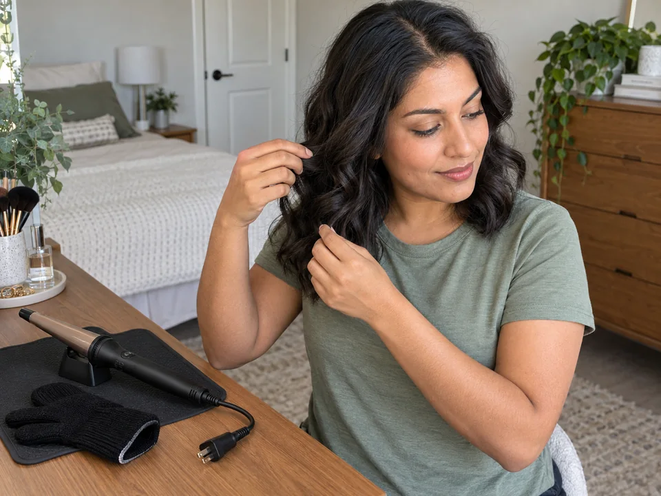 Separating cooled curls with the unplugged wand resting on a heatproof mat.