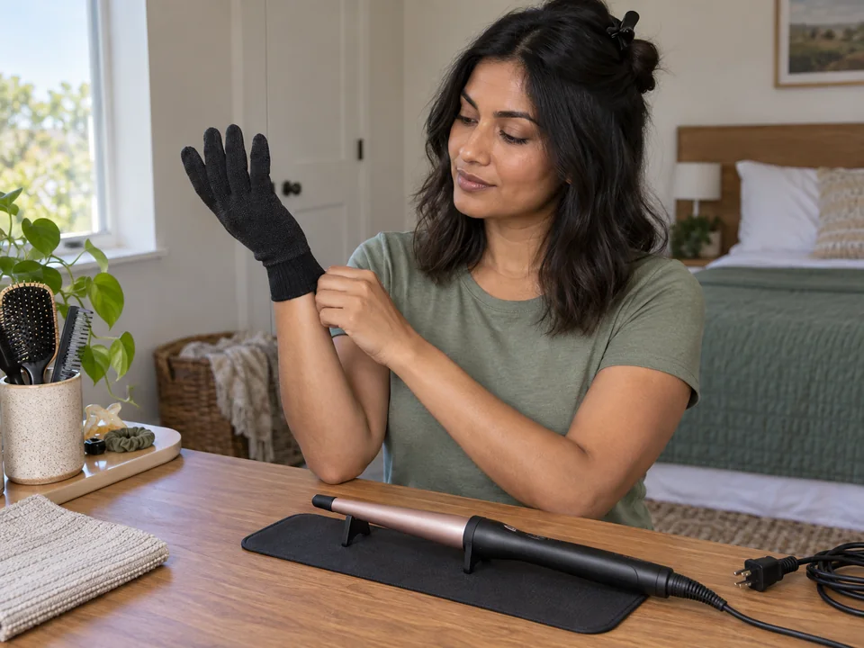 Putting on a protective glove with a cold curling wand on its rest.