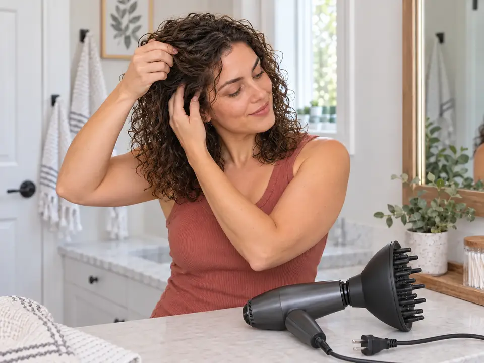 A woman lifts a side section and checks the inner hair near her roots with dry fingertips while the unplugged dryer rests on the counter.