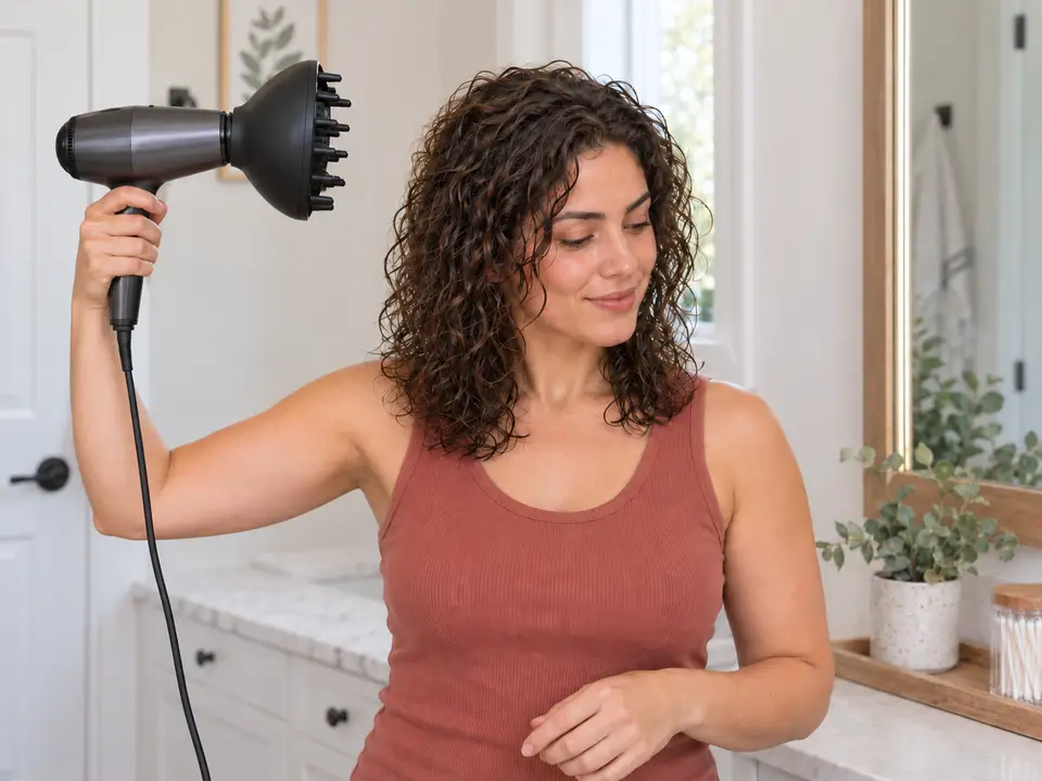 A woman holds a bowl diffuser several inches from the side of her damp curls while drying her own hair.