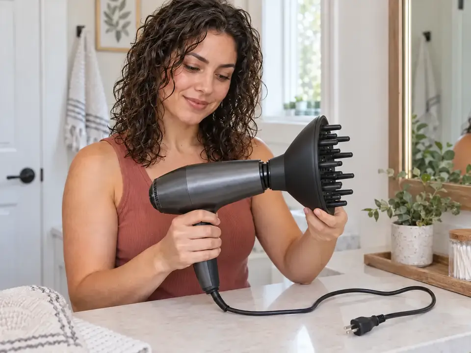 A woman attaches the rear socket of a bowl diffuser to an unplugged dryer, with the prongs facing away from the dryer.