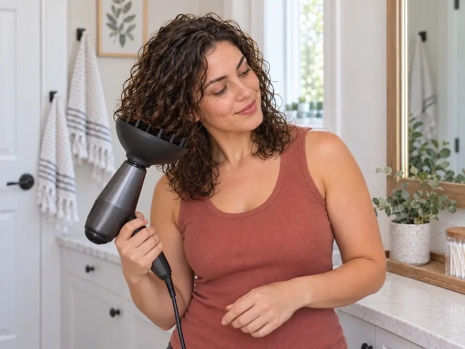 A woman tilts her head and supports the ends and lower curls in a diffuser bowl held below one side of her hair.