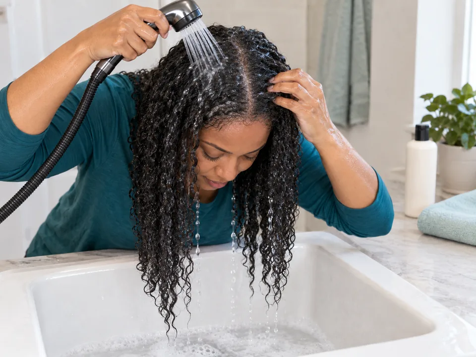 Finger pads massage the first pass of ordinary shampoo over a fully wet scalp.