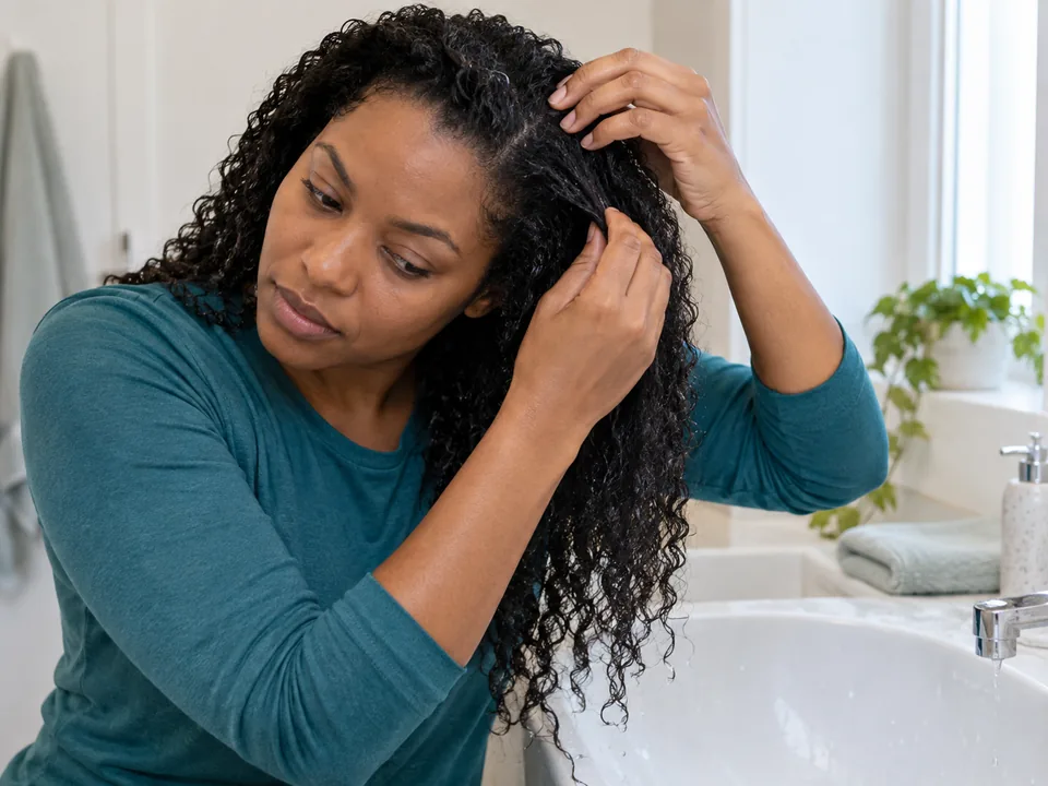 Clean hands separate rinsed roots to check for visible oil or styling residue before a second pass.