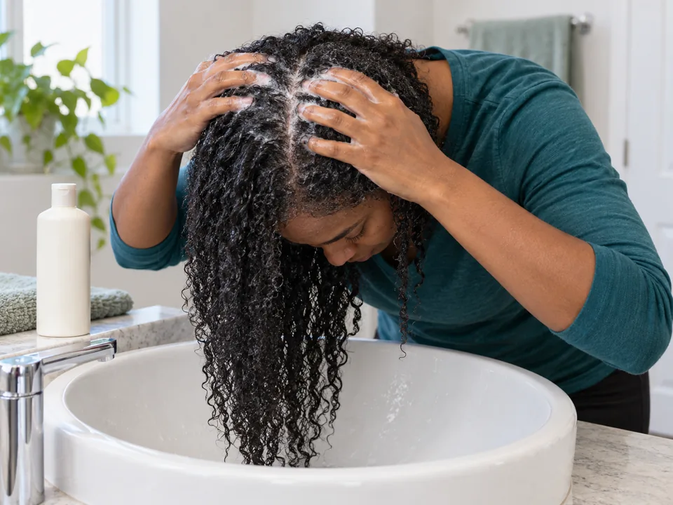 Finger pads complete a permitted second scalp shampoo pass before a thorough rinse.