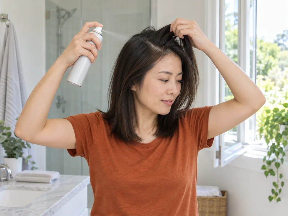 A woman lifts a dry section and aims an unlabeled aerosol can at the exposed roots from a distance.