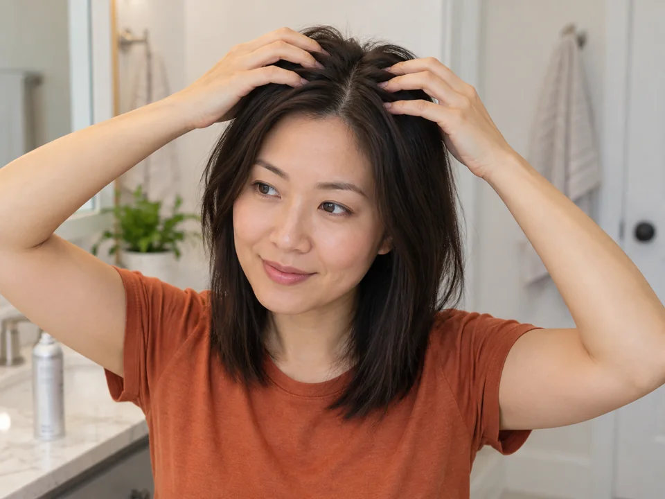 A woman gently distributes dry shampoo at her roots with her fingertips.