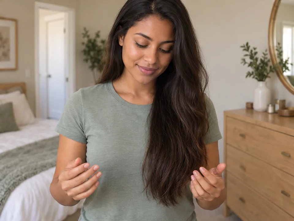 A woman releases her own dry ends and lowers her hands to check the finish.