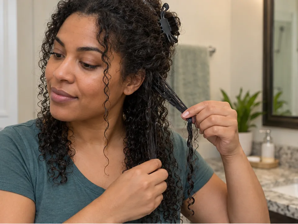 A woman separates one small damp curl clump from a reachable section of her own hair.
