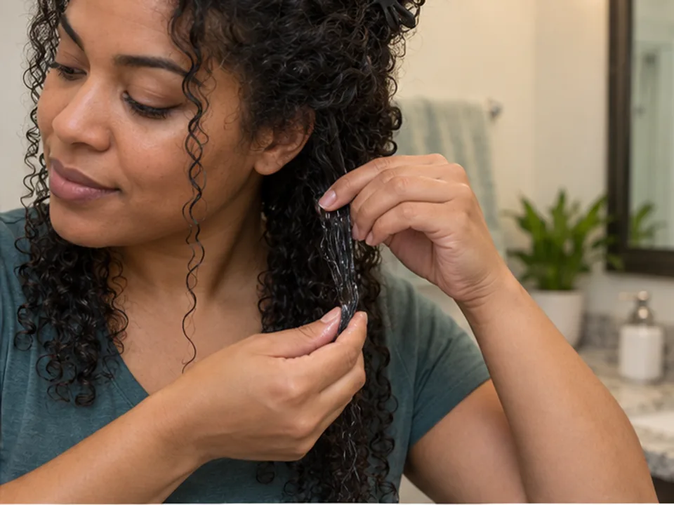 A woman supports one damp curl clump and gently smooths it toward the tip.