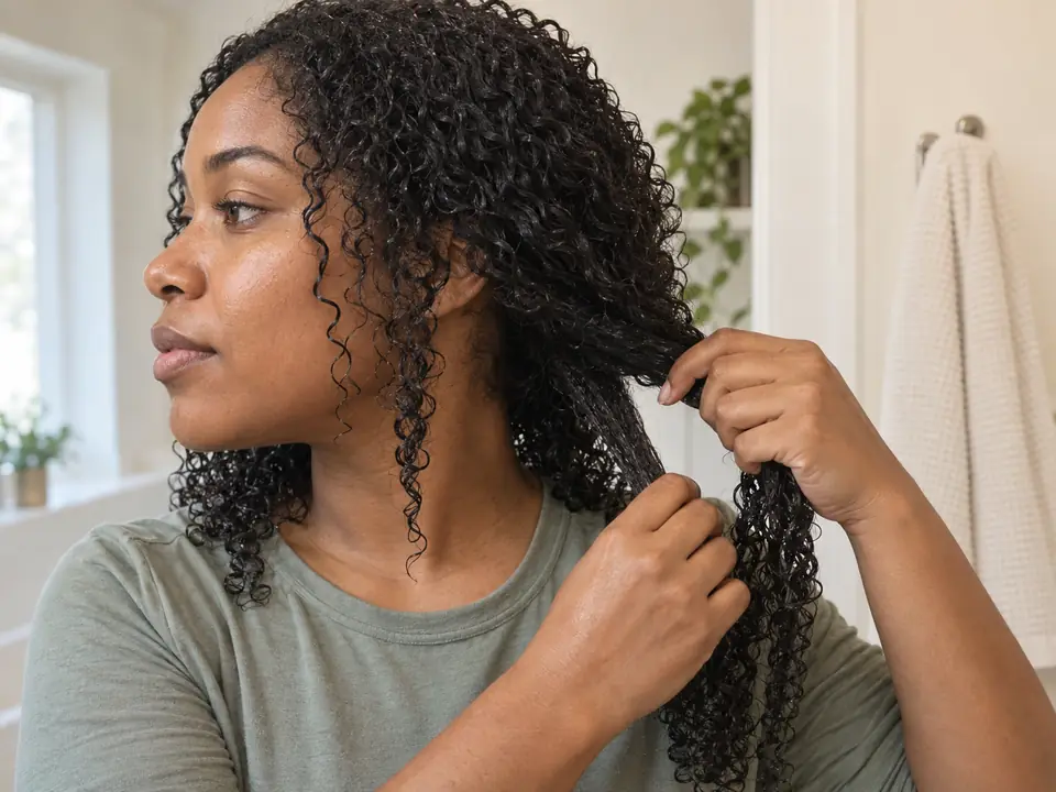 Woman with wet coily-curly hair using both hands to separate one reachable side section for finger detangling.
