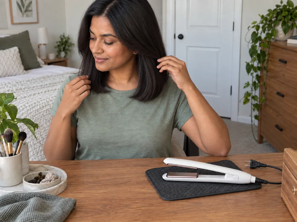 Arranging cooled straight hair while the unplugged iron rests on its mat.