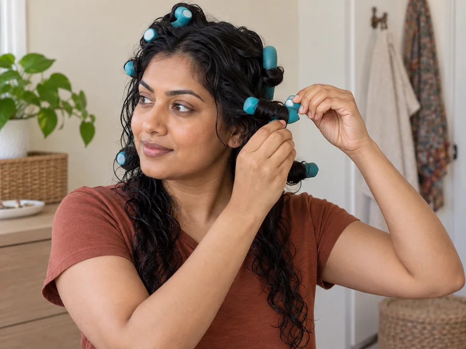 A woman supports a wrapped flexi rod at the side of her head while bending its ends inward to secure it.