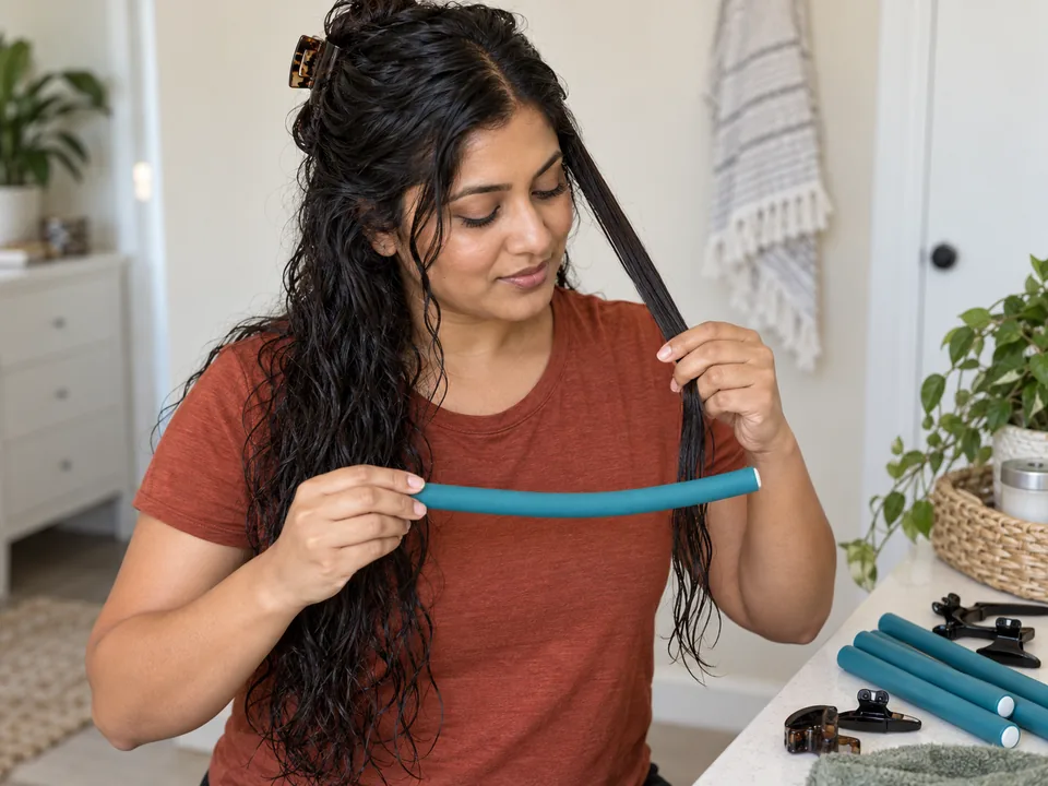 A woman with damp coily shoulder-length hair holds one flexi rod beside a separated side section.