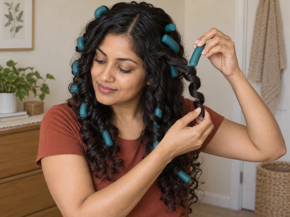 A woman straightens and unwinds one flexi rod from a fully dry spiral while the remaining rods stay in place.