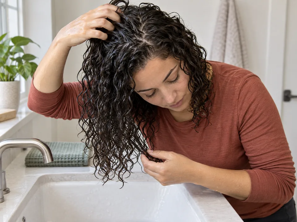 Fingertips check roots and ends for uniform wetness before reaching for styling product.