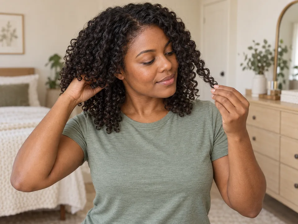 Woman with dry defined curls lightly checks an outer section while lifting inner hair near the nape with her other hand.