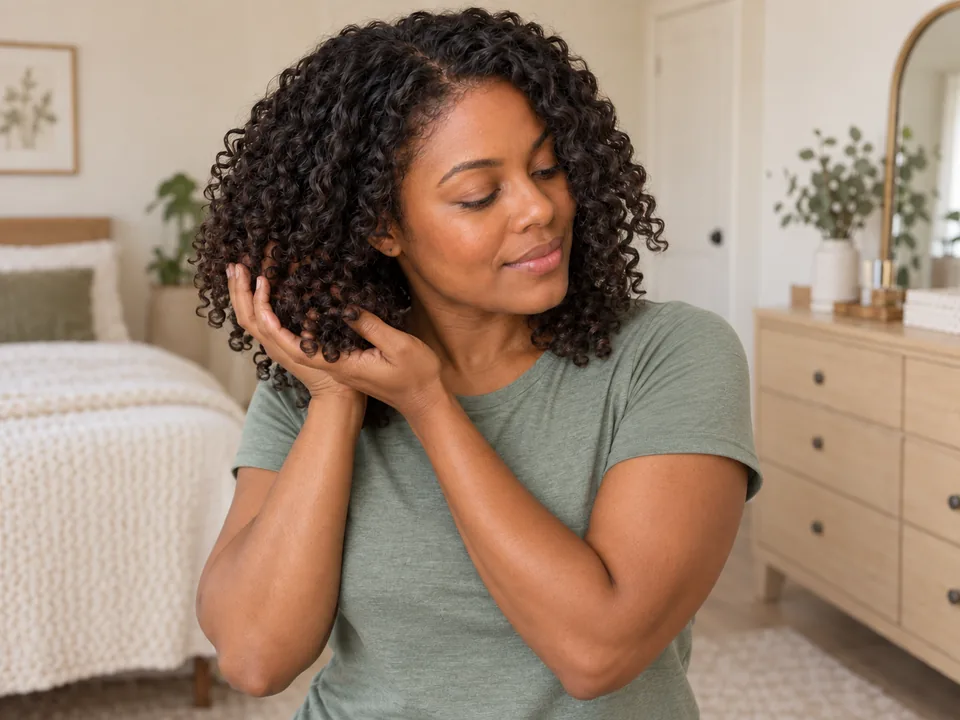 Woman cups fully dry curl groups in both open, empty hands and gently lifts them toward her jaw.