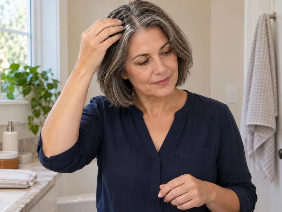 A woman touches damp fingertips to a small group of gray strands beside her part.