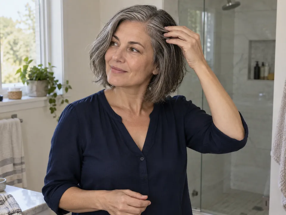 A woman gently guides a small group of gray hairs along her side part with relaxed fingertips.