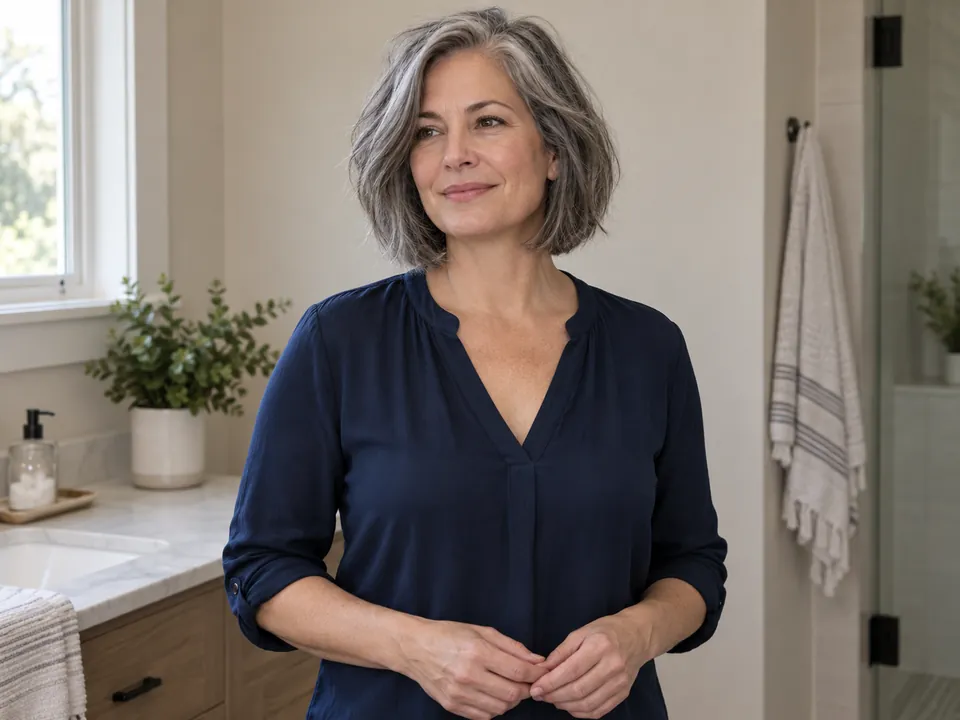 A woman lets the selected gray strands settle with her hands lowered.