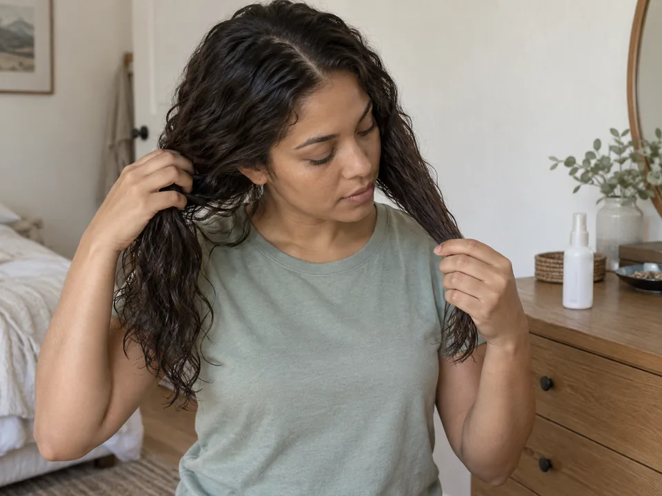 A woman separates her own damp hair into loose sections with the spray bottle set on a dresser.