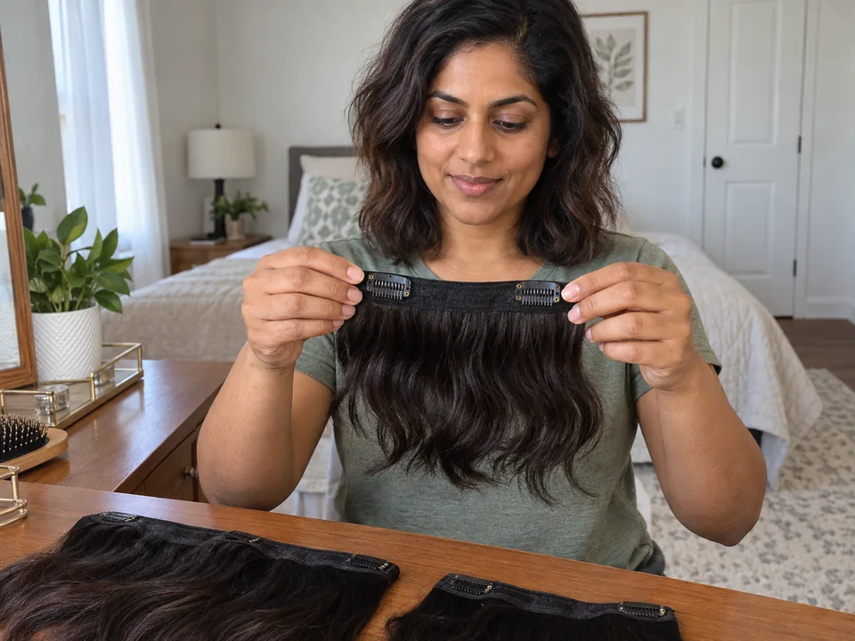 Holding a removable weft by its seam with snap-comb clips visible.