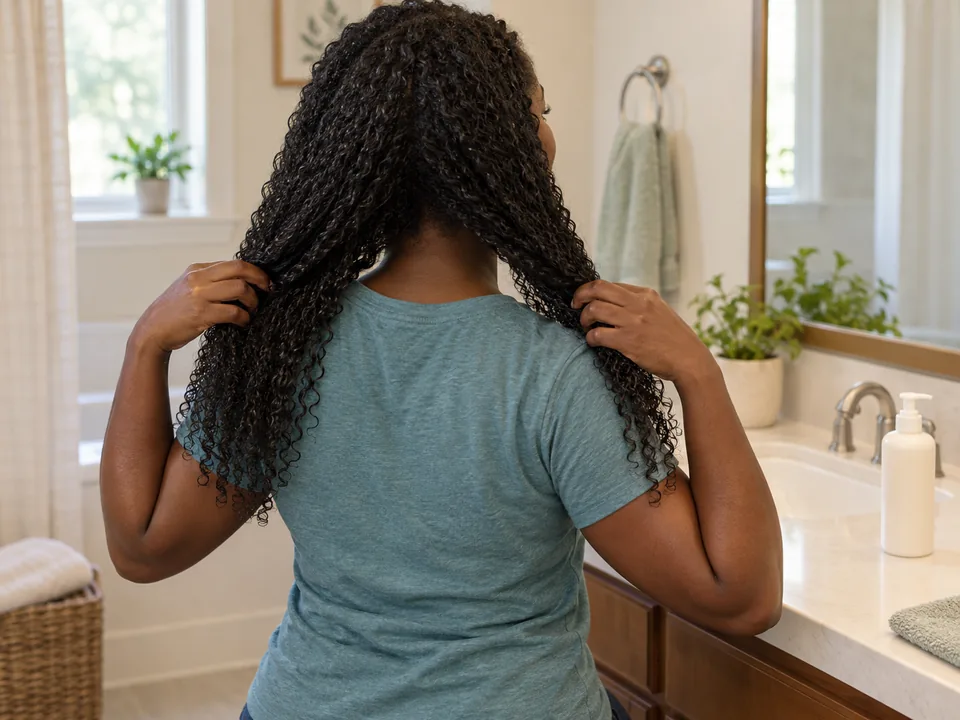 A woman brings her long damp coily hair forward and divides the lengths with both hands.