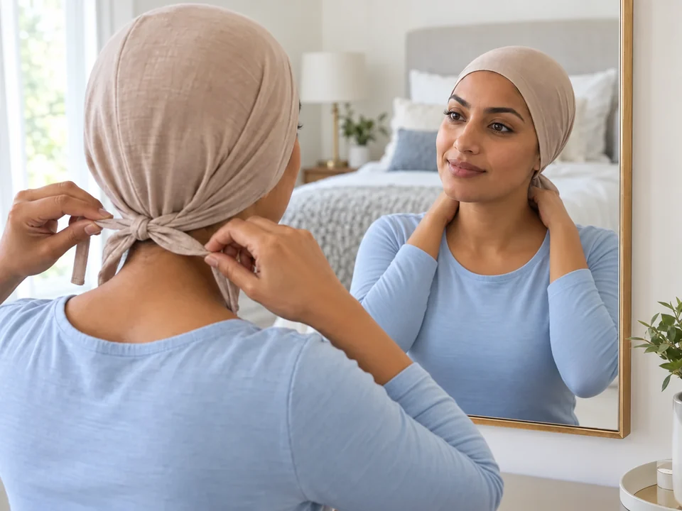 A woman loosely ties an undercap at her nape, with both bent arms in the same position in the mirror.