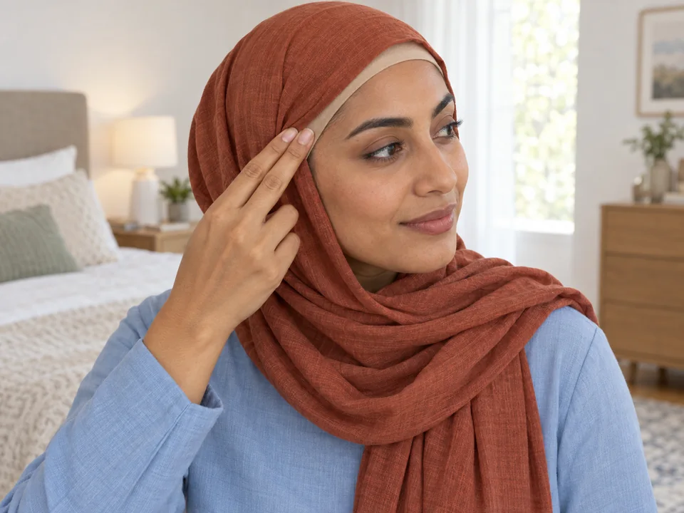 A woman touches the temple of a fitted liner beneath an everyday headscarf while checking comfort.