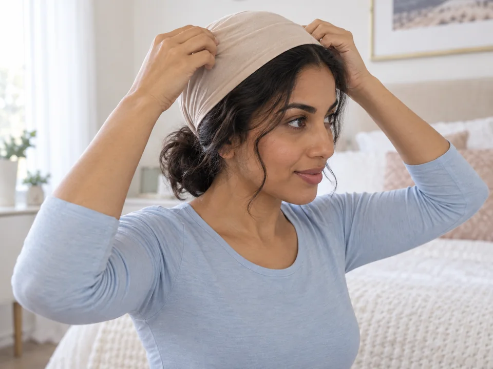 A woman gently guides a soft beige liner backward over her own loosely arranged dry hair.