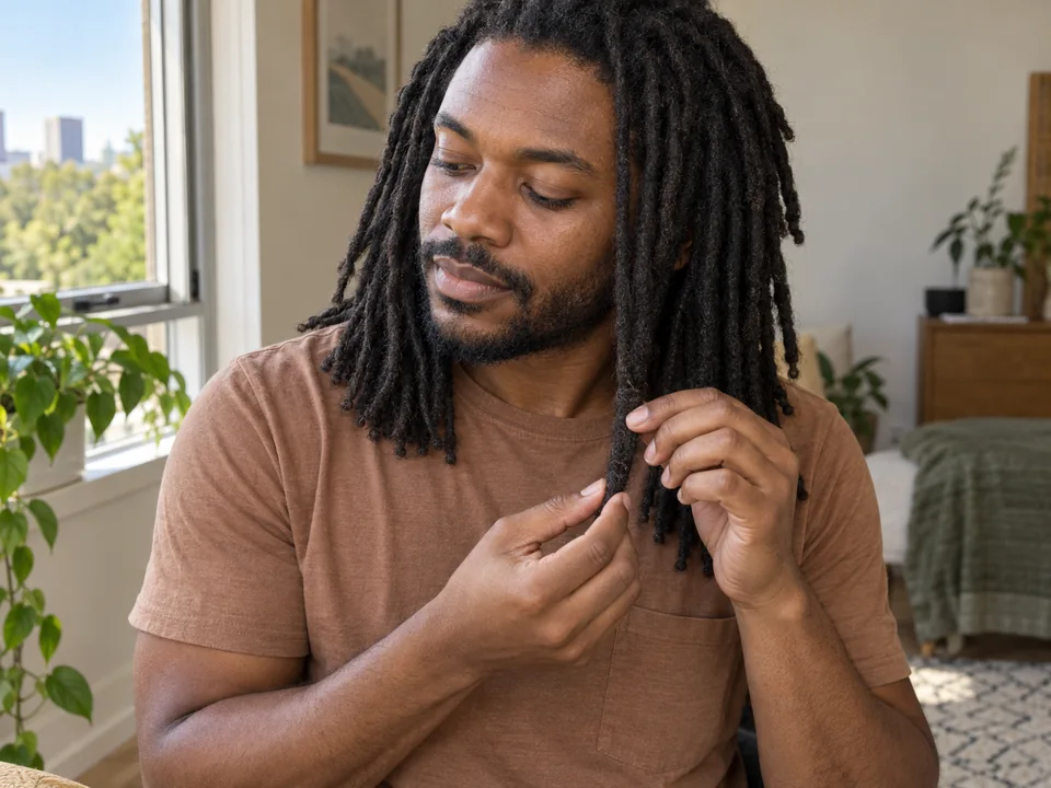 A man with loose, uncovered mature locs supports one loc and feels along its length to check for remaining dampness.