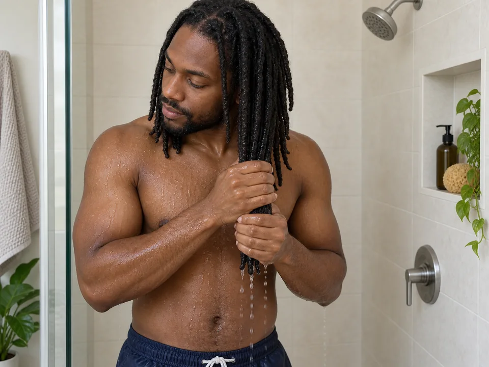 A man in navy swim trunks gently compresses a wet group of mature locs between his hands without twisting it.