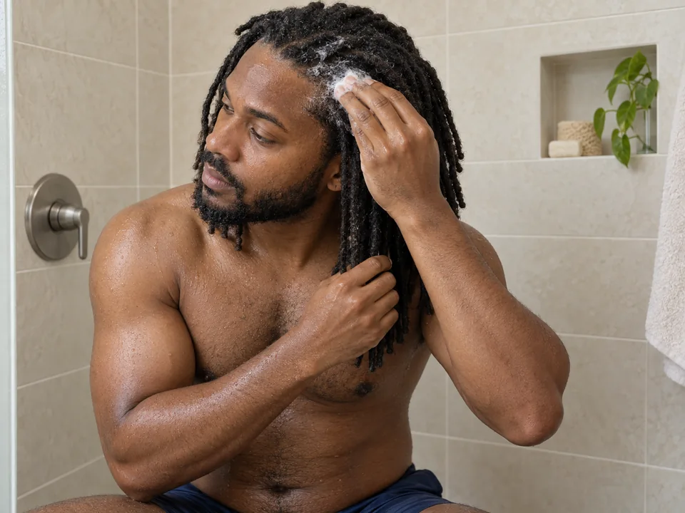 A man in navy swim trunks gently works shampoo along his scalp with finger pads while holding adjacent mature locs.