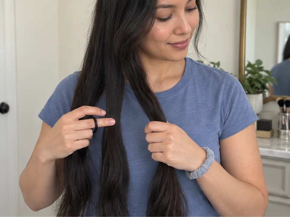 A woman holds three clearly separated sections of dry hair over one shoulder while a soft mauve tie rests on her wrist.