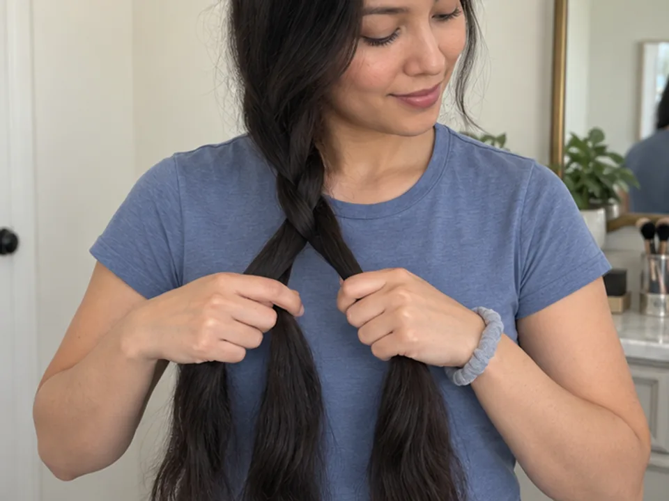 A woman continues a side braid with both hands controlling alternating hair sections near her shoulder.