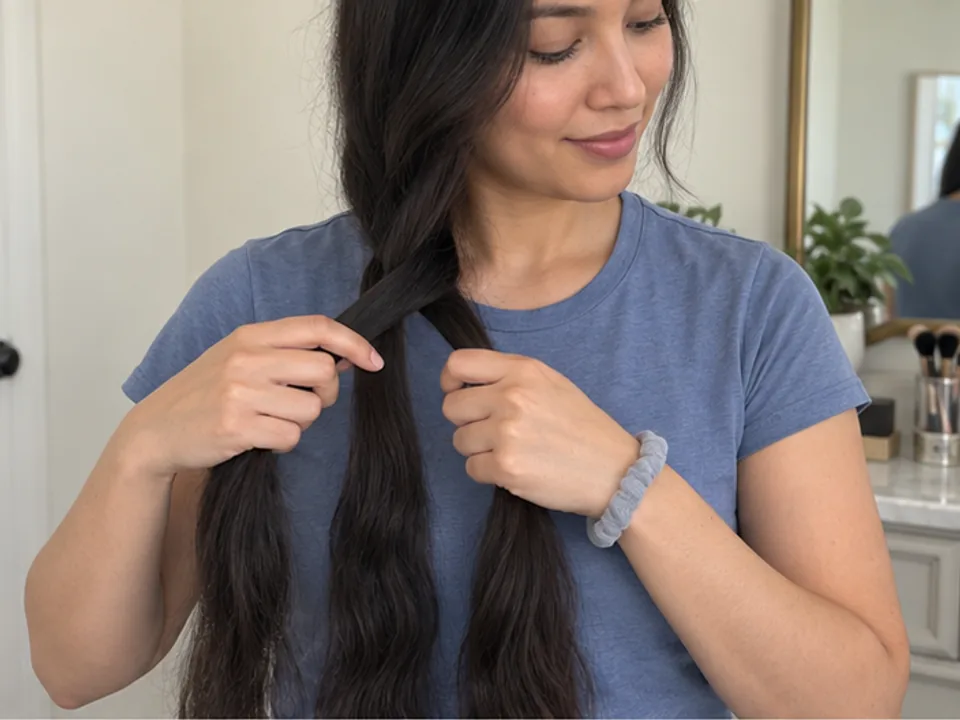 A woman begins a side braid by moving the outside right hair section over the center while both hands keep three sections separate.