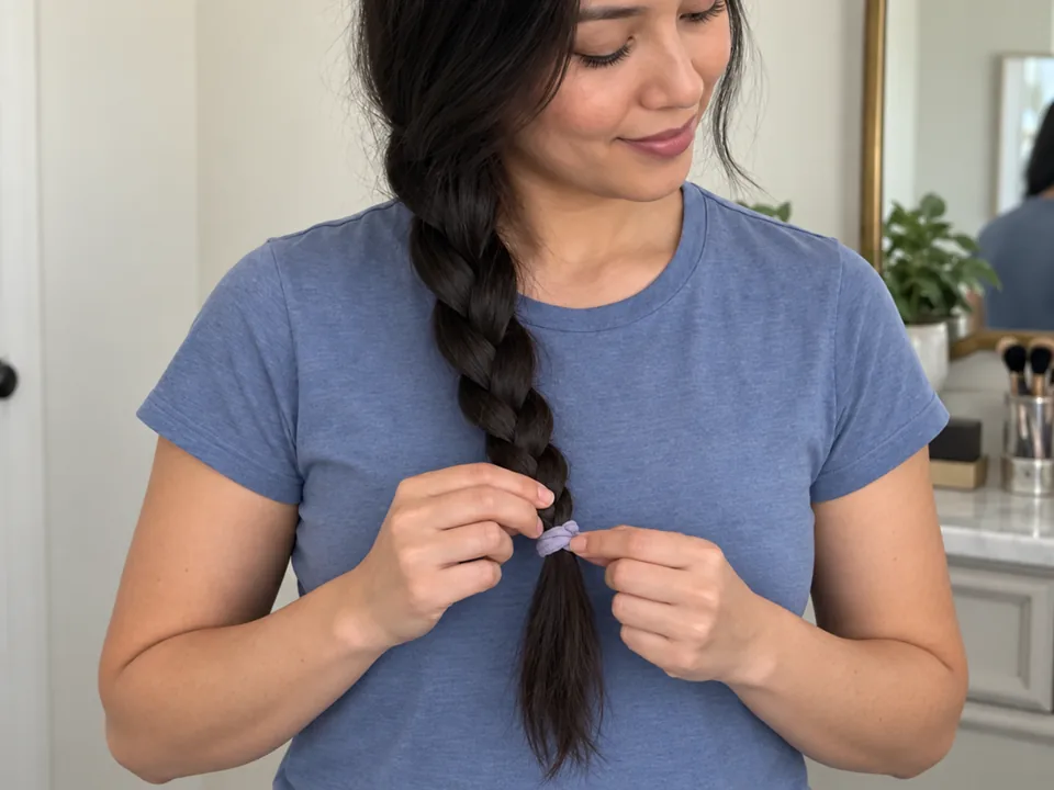 A woman supports one continuous side braid while adjusting a soft lavender tie above its single loose tail.