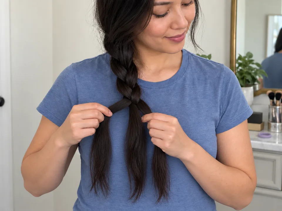 A woman undoes the lower crossings of her side braid, separating three connected sections with both hands after setting the lavender tie on the counter.