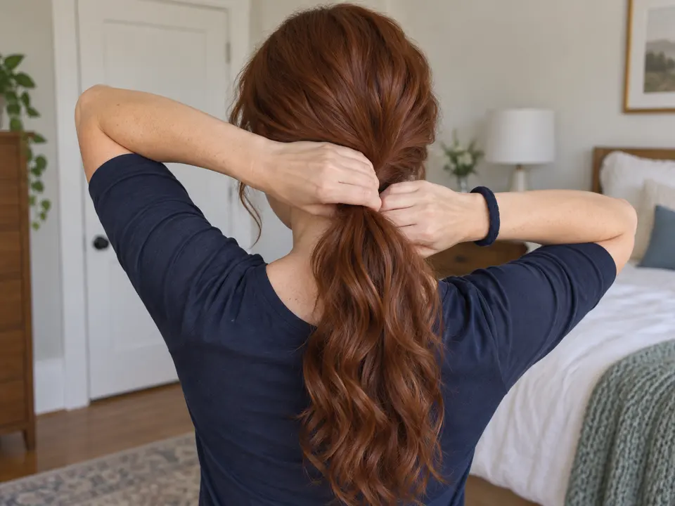 A woman gathers dry auburn hair into a low ponytail with a navy soft tie on her wrist.
