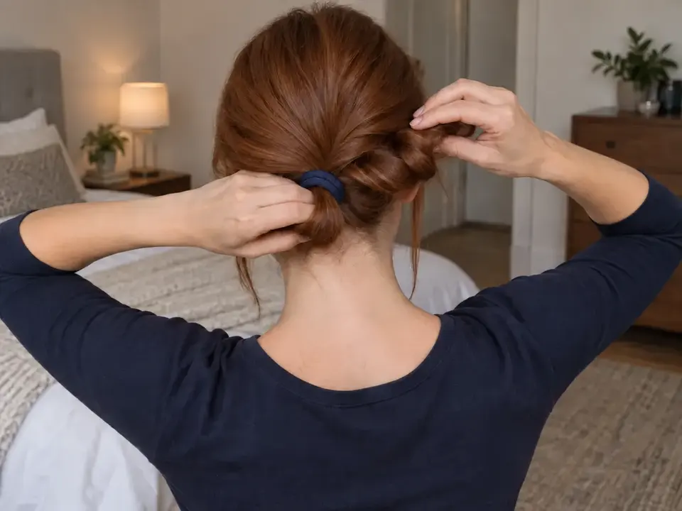 A woman forms a loose low coil with a navy fabric-covered tie at its base.