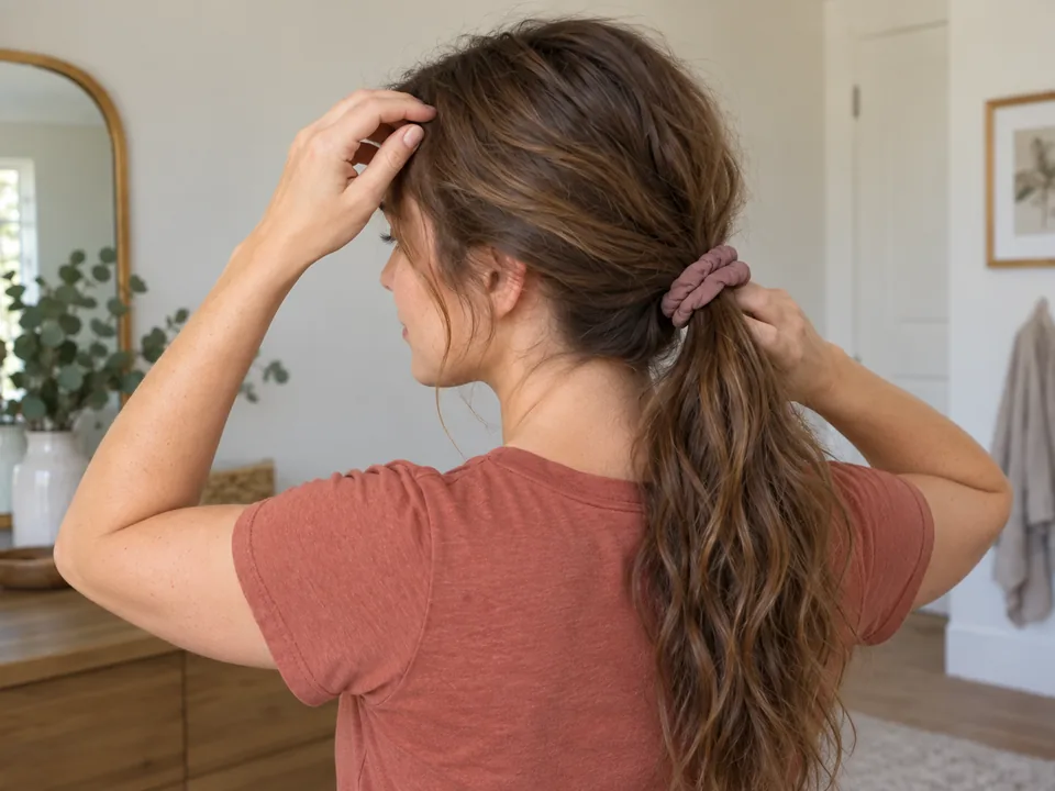 A woman checks her front hairline with her left fingertips while her right hand steadies the loose ponytail below the soft tie.