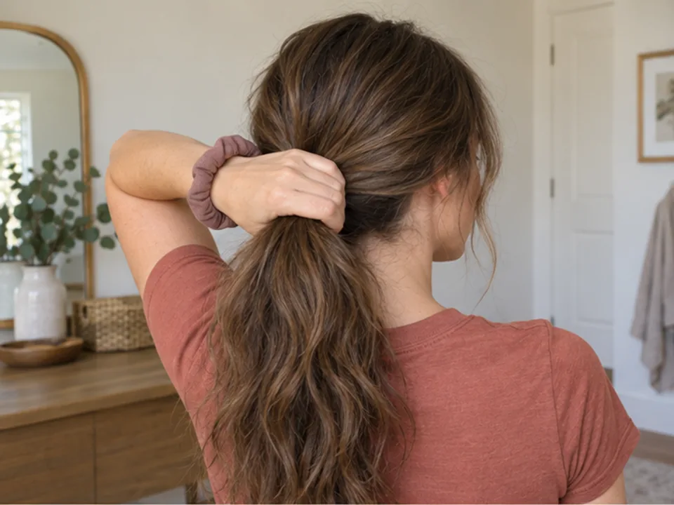A woman uses both hands to gather dry loose hair into a low ponytail while a soft mauve tie rests on one wrist.