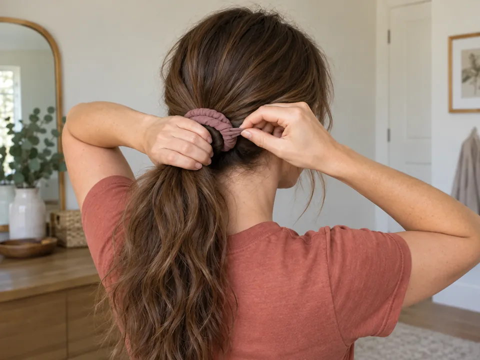 A woman supports her low ponytail with her left hand while her right fingers release the opened loop of a mauve fabric scrunchie around the base.