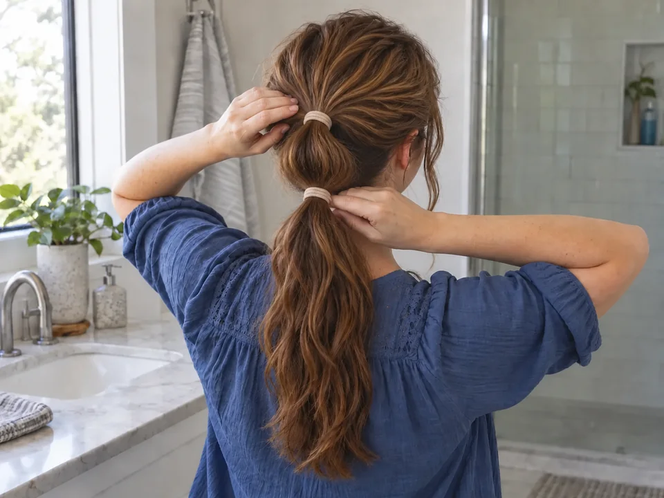 Checking the finished stacked ponytail after releasing the upper tail over the lower tail.